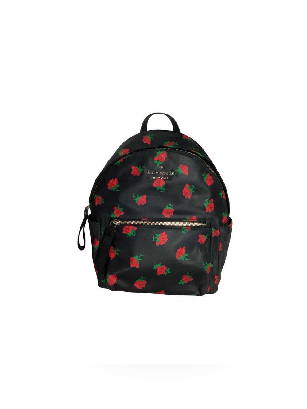 Kate Spade Chelsea Medium Rose Toss Print Black Nylon Leather Backpack Bag